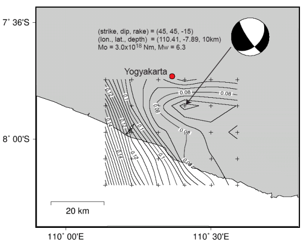 Figure 3. Contour plots of spatial distributions of the residuals and the estimated source mechanism.