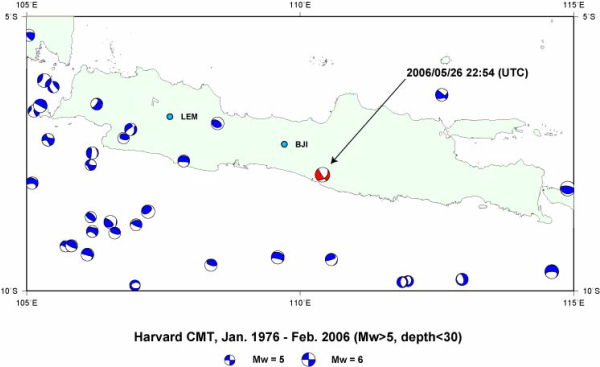 過去30年間のジャワ島周辺のMw5以上の地震(深さ30km以浅)の震源分布